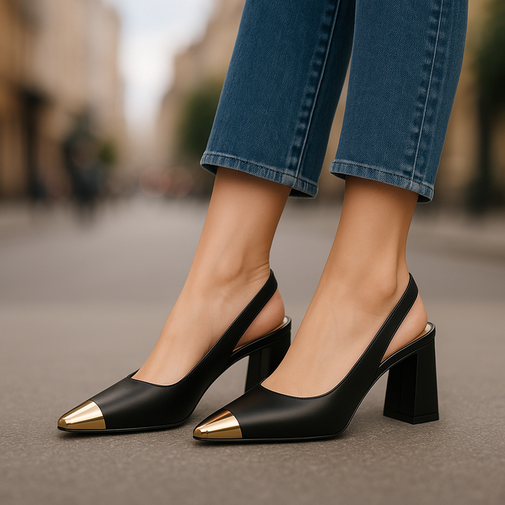 Women's dress shoes: black block heel slingbacks with metallic detail, ideal for sophisticated outfits