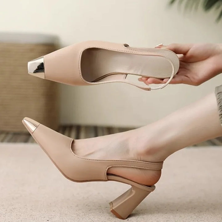 Black vegan leather slingbacks for women, with metallic toe cap and comfortable block heel design