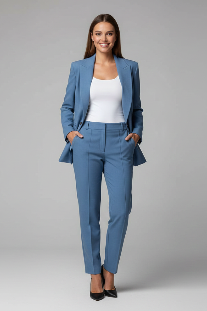 Women's two-piece blazer and tailored pants suit set, ideal for formal wear & versatile office attire.