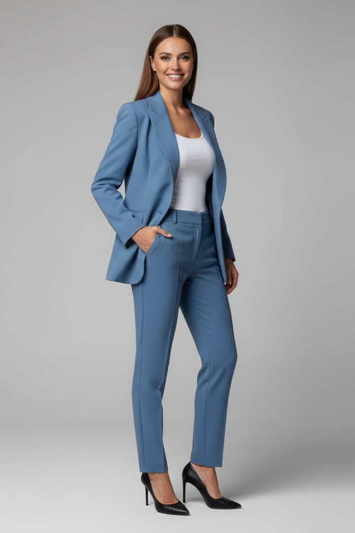 Stylish women's fashion blazer suit with matching tailored trousers, offering a sophisticated & modern look.