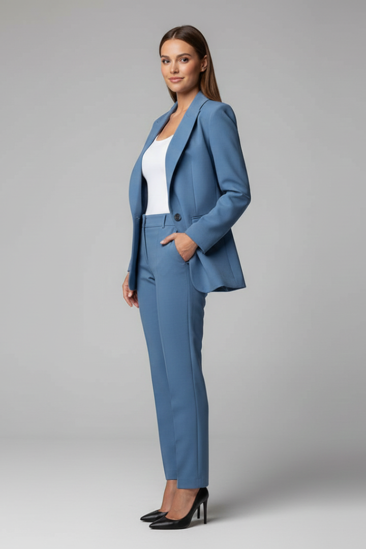 Classic blue women's elegant blazer suit set featuring a tailored jacket and smart professional trousers.