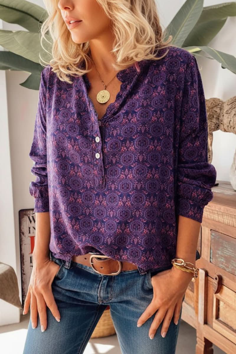 Chic women's vintage print blouse. This elegant long sleeve top offers an artistic design, ideal for versatile styling.