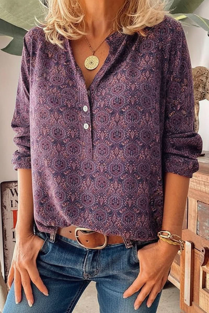 Fashionable women's long sleeve top with an artistic vintage print. Elegant and comfortable, a versatile everyday blouse.