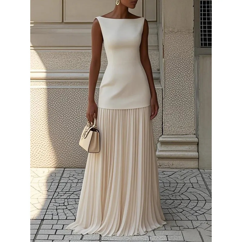 Elegant Women's Boat Neck Pleated Maxi Dress. Chic flowing design perfect for formal or casual summer events.