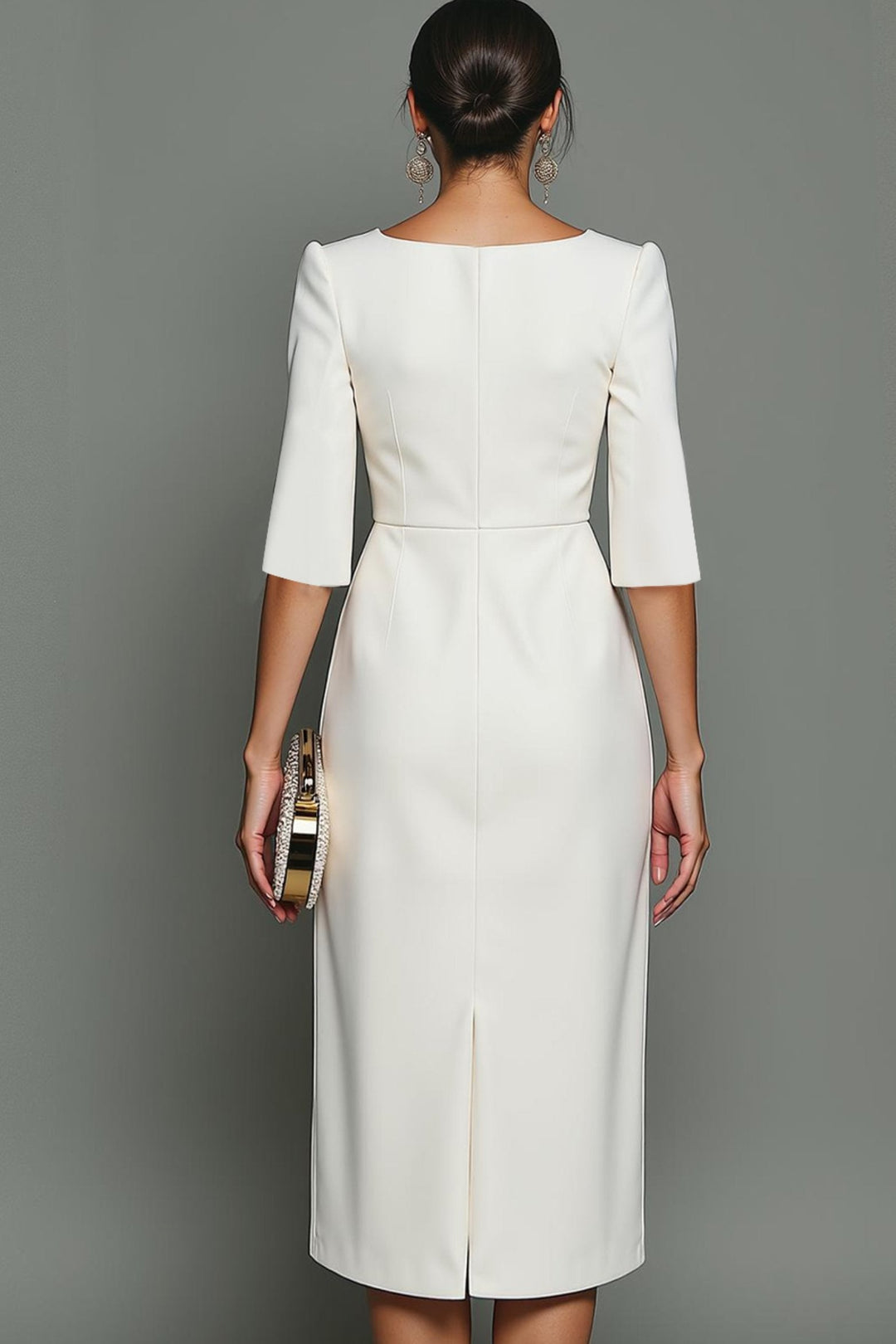 Sophisticated women's formal midi dress with half sleeves & round neck, ideal for event wear.