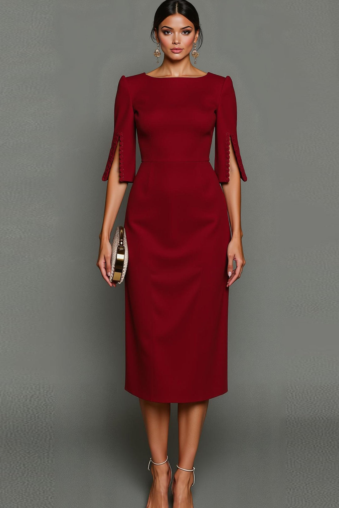 Chic women's bodycon cocktail dress, midi length with half sleeves, for evening parties & events.