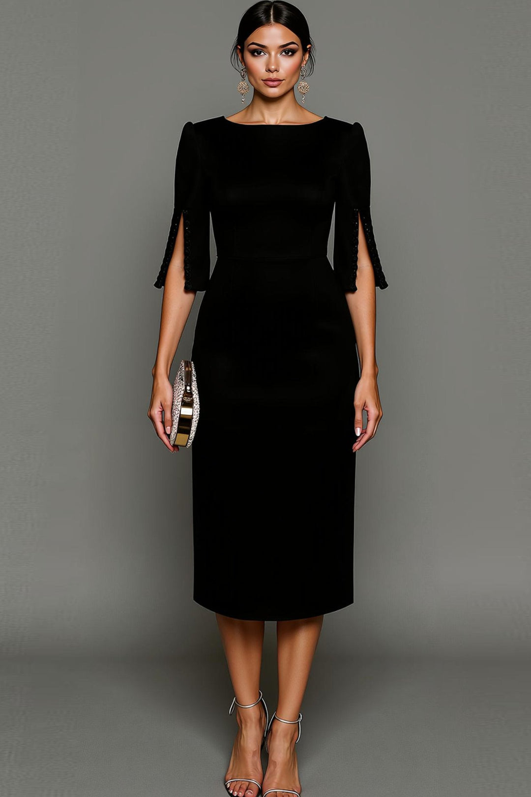 Stylish women's elegant midi bodycon dress, half sleeves, perfect for formal events & special occasions.