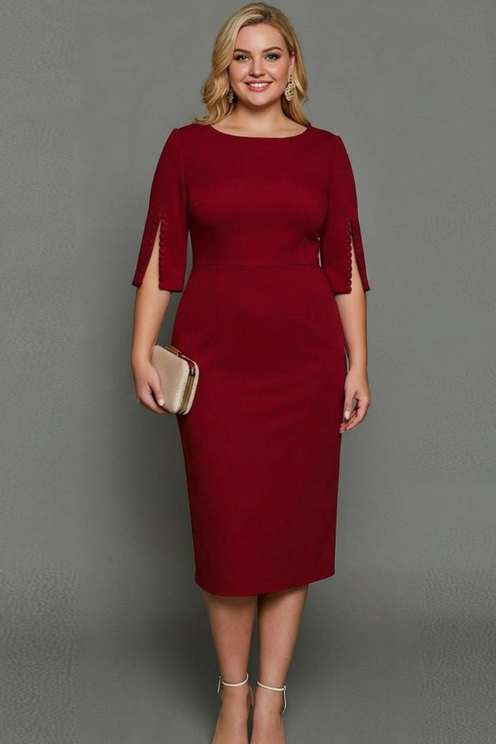 Women's elegant round neck bodycon midi dress with half sleeves, perfect for formal cocktail parties.