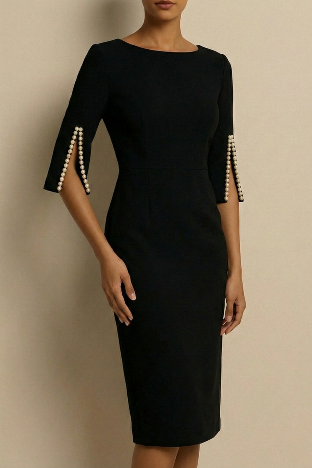Chic women's pearl-embellished midi dress with split sleeves, ideal for cocktail parties & special occasions.