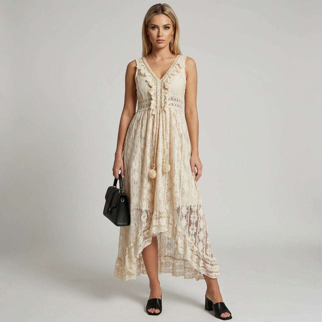 Elegant women's bohemian maxi dress with delicate lace details & graceful flared sleeves, perfect for summer fashion.