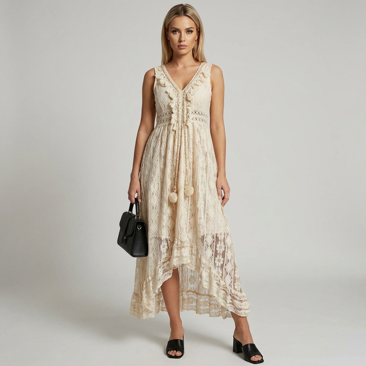 Elegant women's bohemian maxi dress with delicate lace details & graceful flared sleeves, perfect for summer fashion.