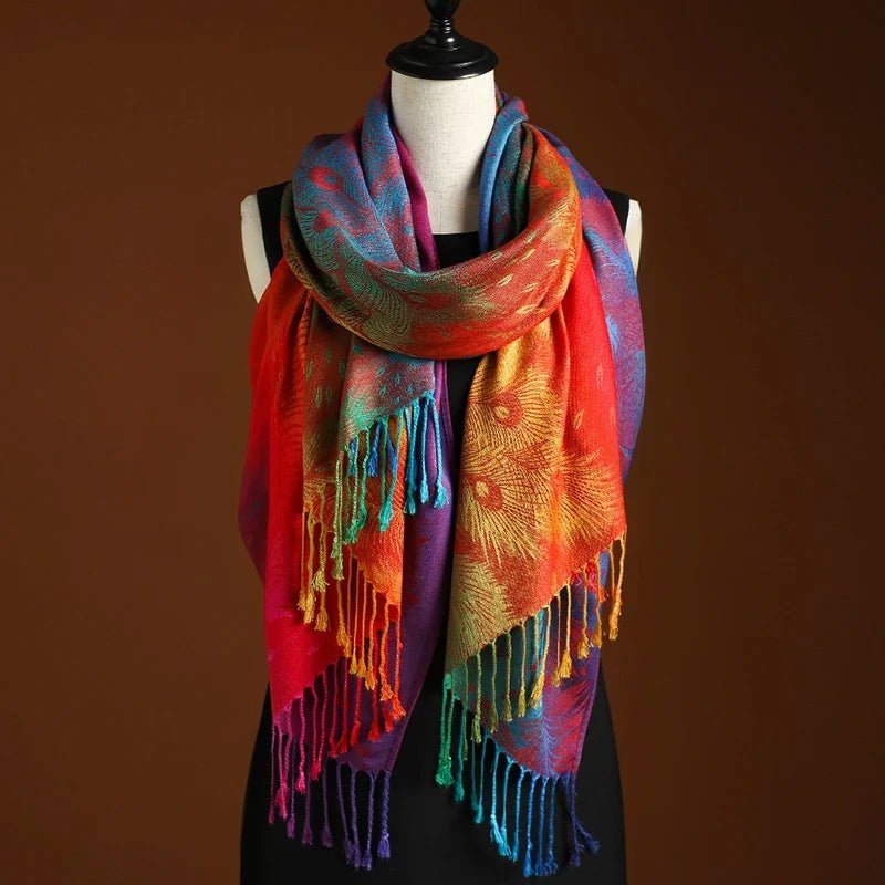 Elegant women's bohemian shawl with vibrant peacock pattern & stylish fringe. Perfect fashion wrap for any outfit.