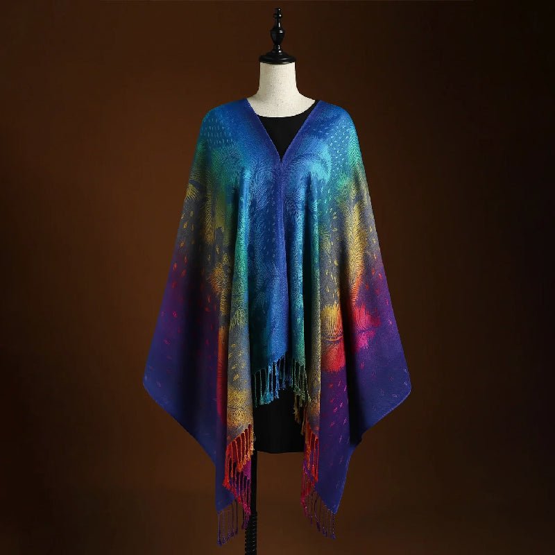 Stylish women's elegant shawl with intricate peacock pattern & flowy bohemian fringe. Must-have fashion accessory.
