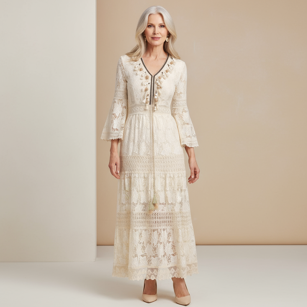Elegant women's boho lace maxi dress, flowy style, perfect for summer beach vacations & parties.