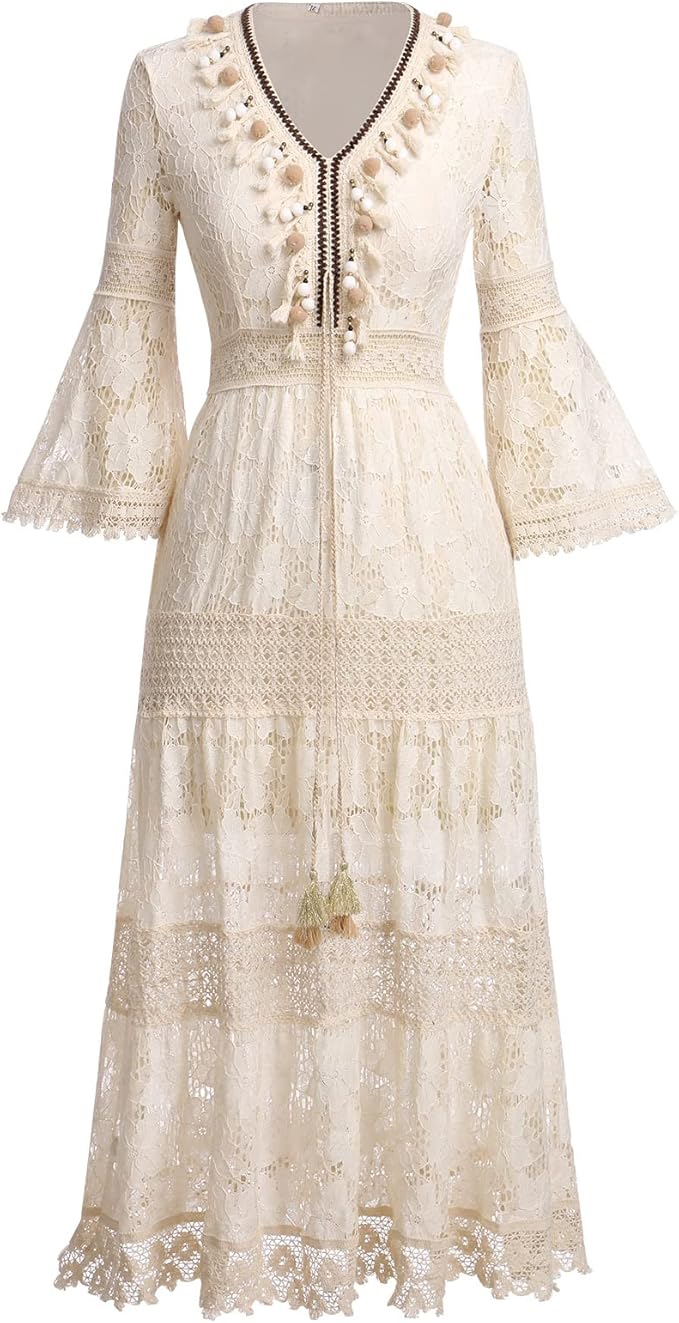 Flowy bohemian lace maxi dress for women, an elegant summer or beach vacation outfit.