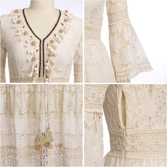 Chic women's lace maxi dress, bohemian style, ideal for summer, beach, vacation, or elegant events.