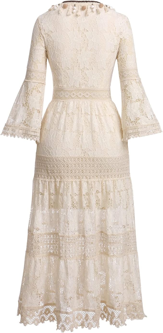 Beautiful women's elegant boho maxi dress with intricate lace details, a flowy long summer design.