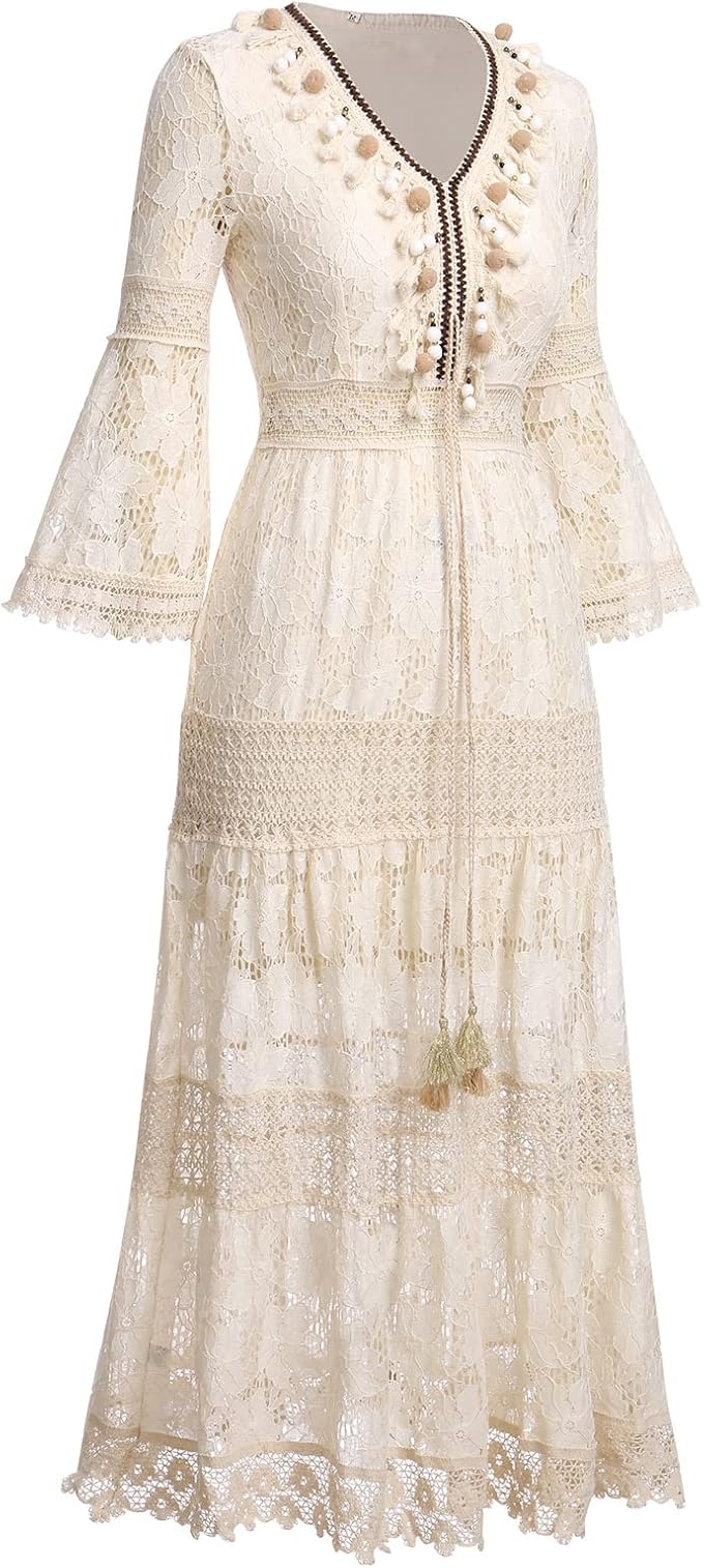 Casual yet elegant women's boho lace maxi dress, perfect as a long summer beach or party outfit.