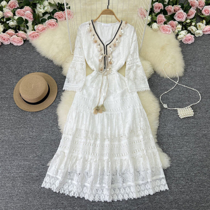 Versatile women's flowy boho lace maxi dress for summer, beach, vacation, casual outings, or parties.