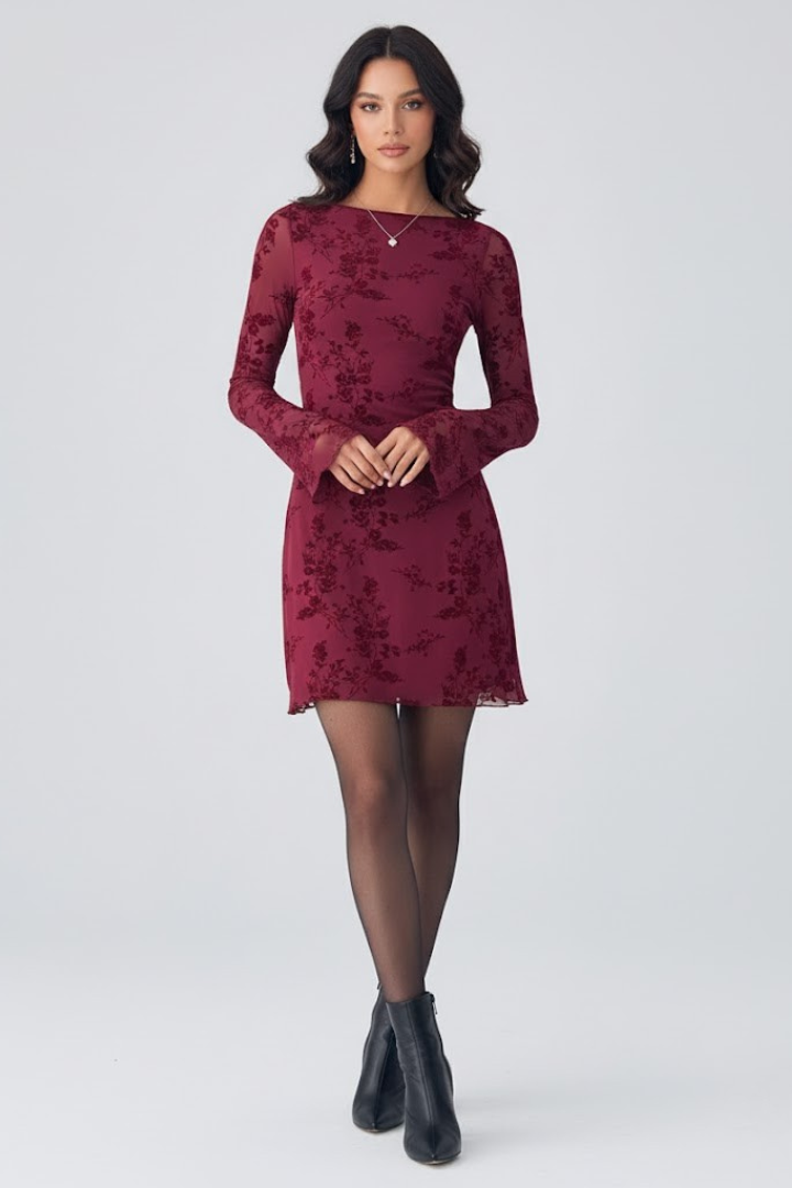 Chic women's floral mesh mini party dress in burgundy, ideal for cocktail events and evening wear.