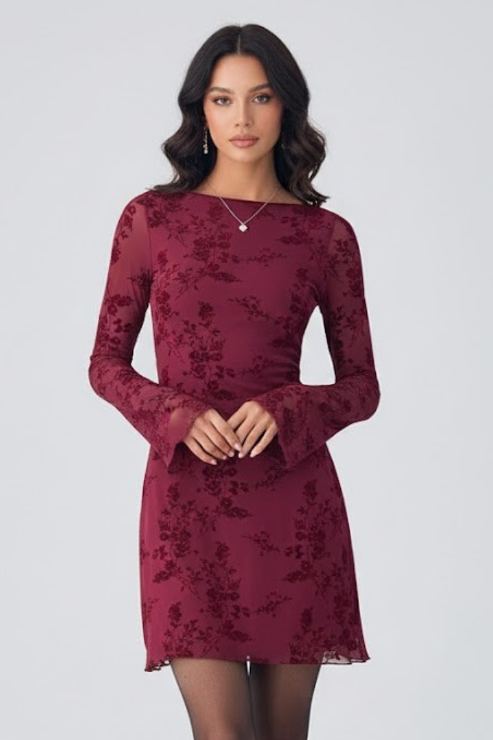 Stunning elegant women's burgundy floral mesh mini dress, a perfect long sleeve evening and cocktail outfit.