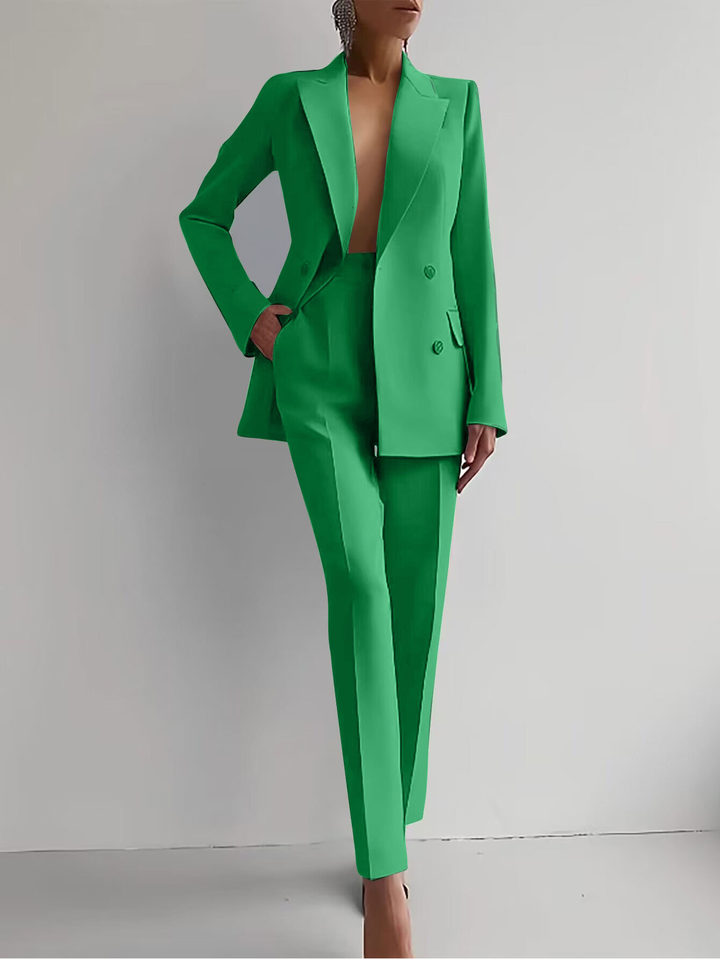 Professional women's pantsuit, elegant two-piece set for corporate fashion & formal work attire.