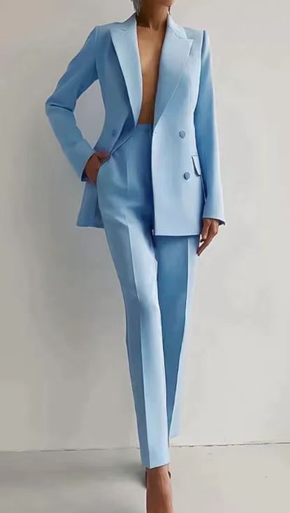 Stylish women's corporate pantsuit, a two-piece professional business suit for refined work attire.