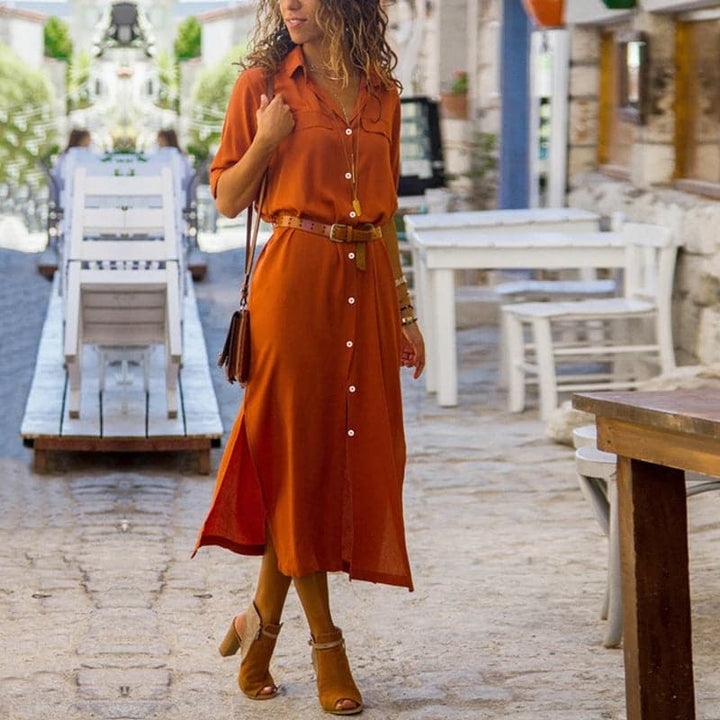 Elegant women's button-down midi shirt dress with short sleeves & collar. Perfect for summer casual or dressy occasions.