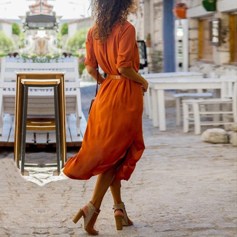 Comfortable short-sleeve button-down midi dress for women. Elegant, breathable, and perfect for summer fashion.
