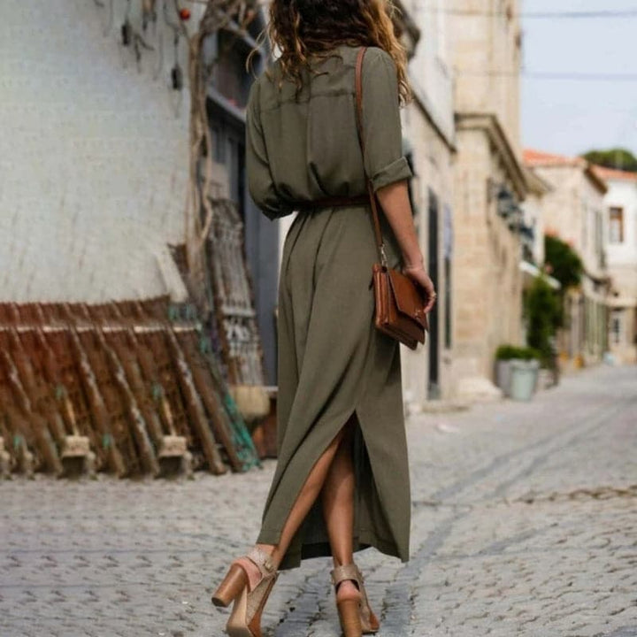Women's collared button-front midi shirt dress with flattering belt. Short sleeves, elegant, and chic summer style.