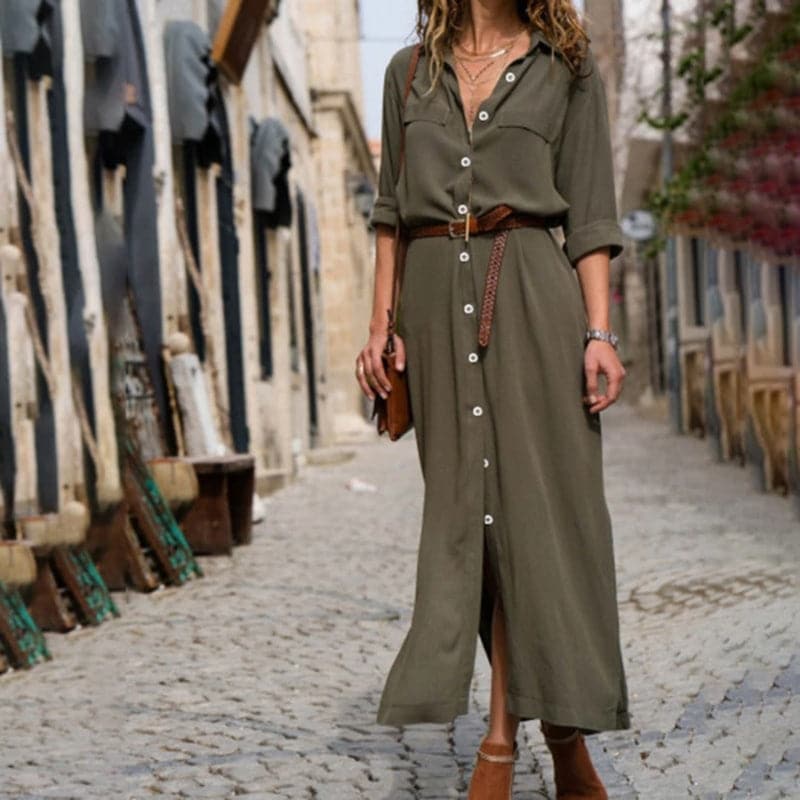 Chic women's button-down midi dress, short-sleeve design. Versatile for both casual outings and elegant events.