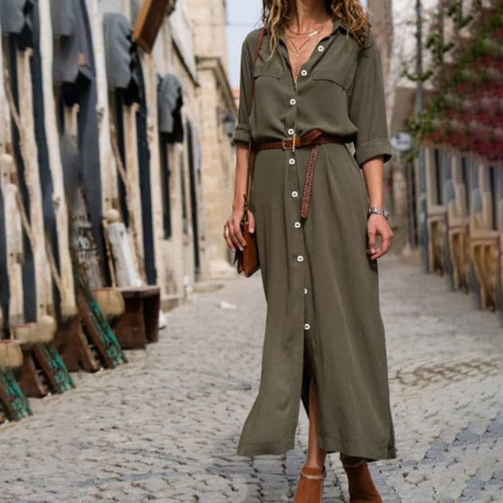 Chic women's button-down midi dress, short-sleeve design. Versatile for both casual outings and elegant events.