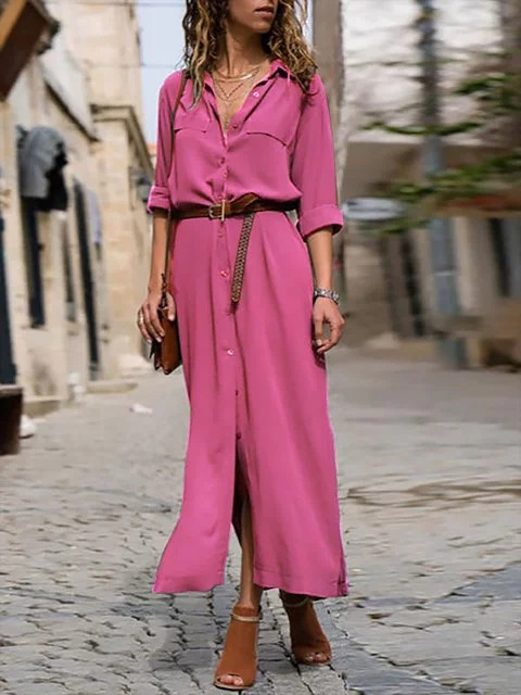 Sophisticated women's midi dress, button-down front, short sleeves, collared neckline. Perfect for elegant style.