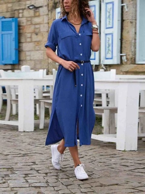Women's stylish button-down midi dress with cinching belt, short sleeves. Classic collared shirt dress look.