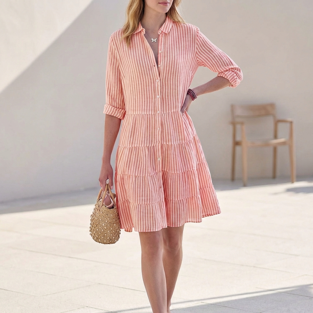 Versatile elegant mini shirt dress for women, featuring a button-down front, tiered skirt, and 3/4 sleeves.