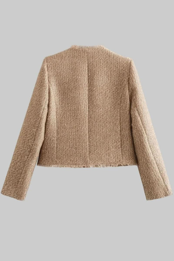 Women's elegant button-front cropped blazer. A chic, versatile fashion top, ideal for professional and tailored looks.