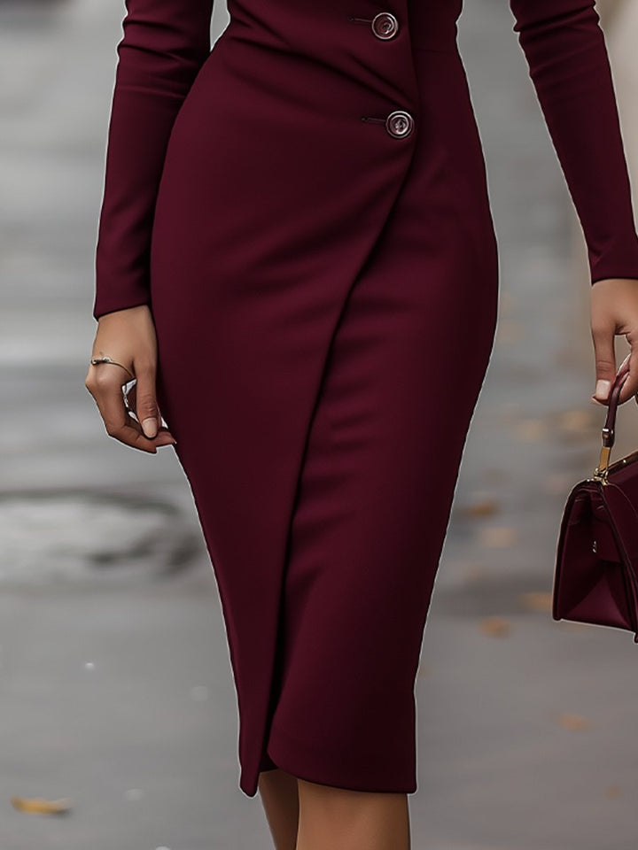 Stylish women's buttoned wrap midi dress, a fashion-forward choice for warm weather.