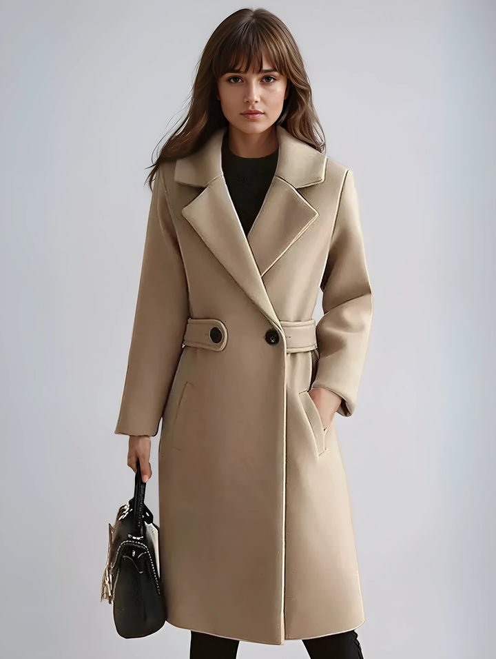 Elegant women's camel formal long sleeve belted winter coat, perfect for cold weather.