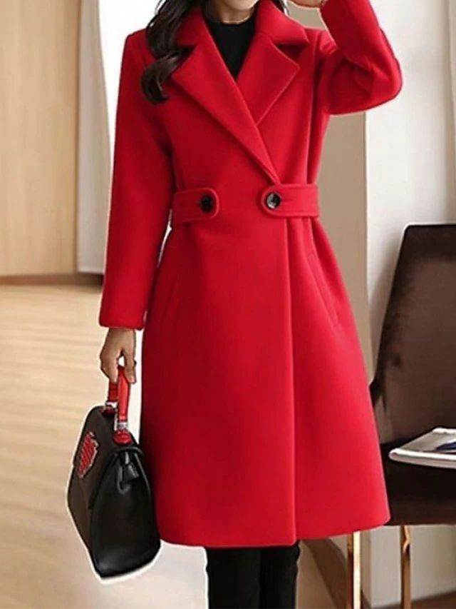 Red elegant women's long sleeve belted winter coat, a must-have for cold weather fashion.