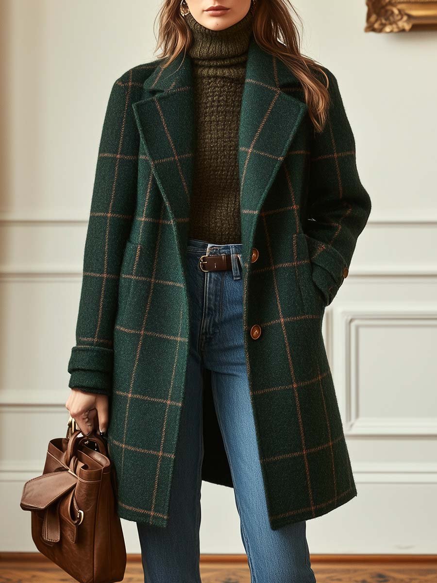 Elegant women's checkered lapel coat. Stylish long fall/winter outerwear with a sophisticated vintage look.