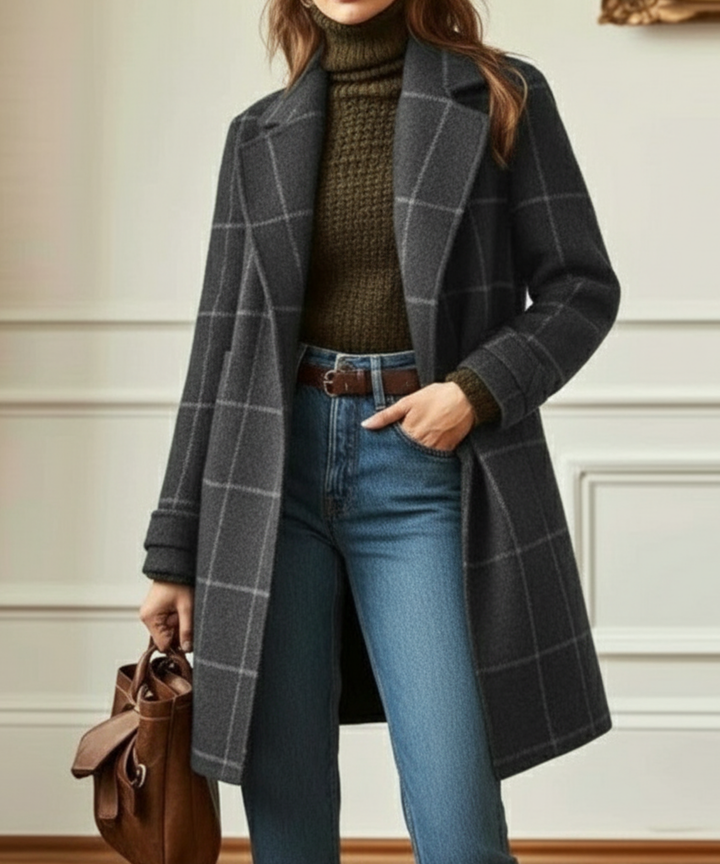 Long women's checkered lapel coat, ideal for fall & winter. Elegant outerwear with a vintage style for sophisticated women.