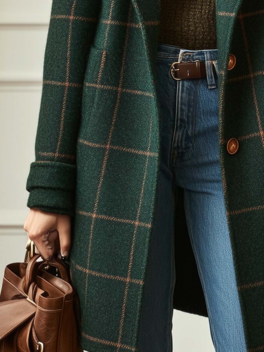 Sophisticated women's elegant checkered lapel coat. Retro fashion long outerwear for a stylish fall/winter look.