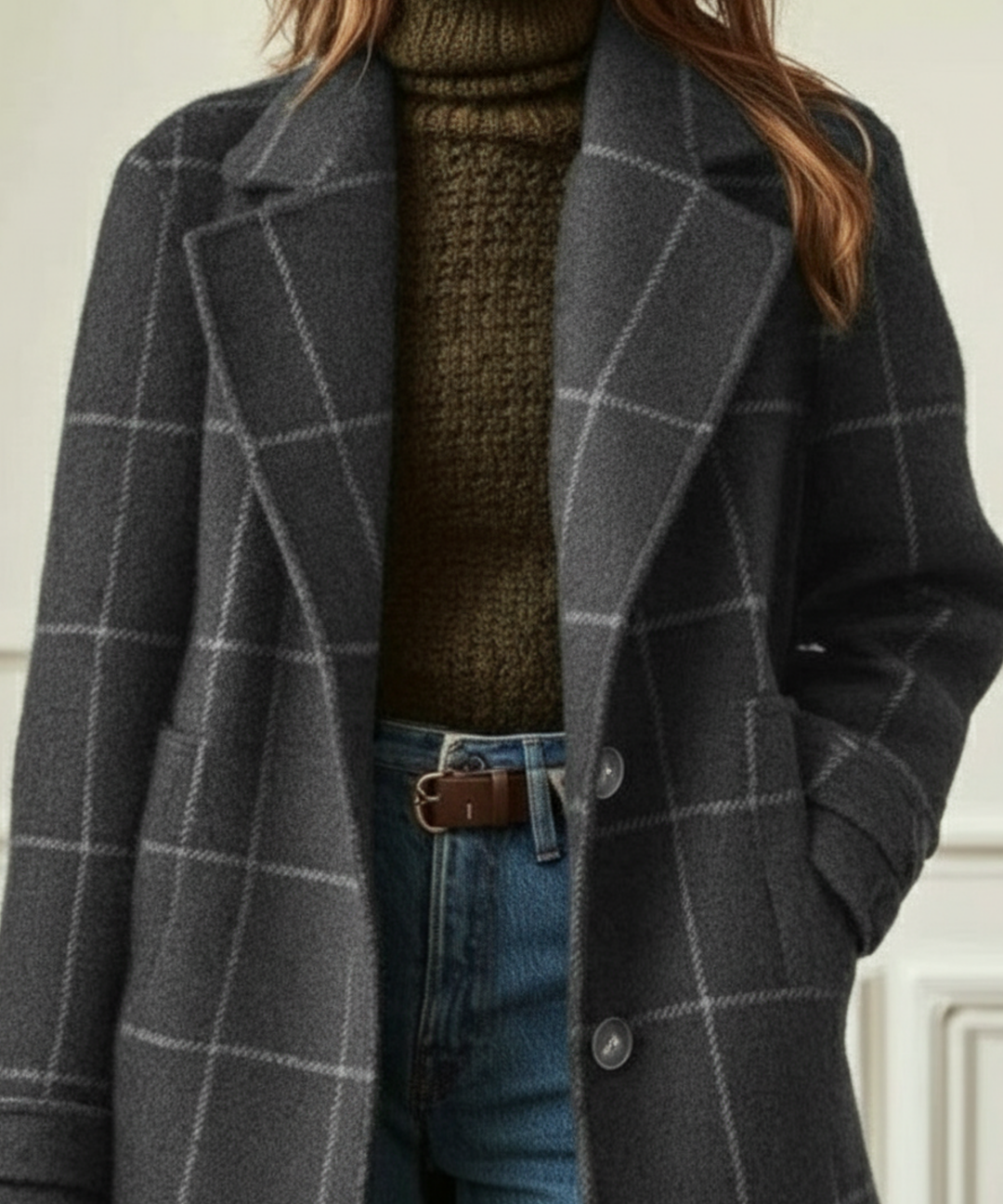 Stylish women's check lapel coat. Elegant long outerwear with a classic checkered pattern for fall & winter fashion.