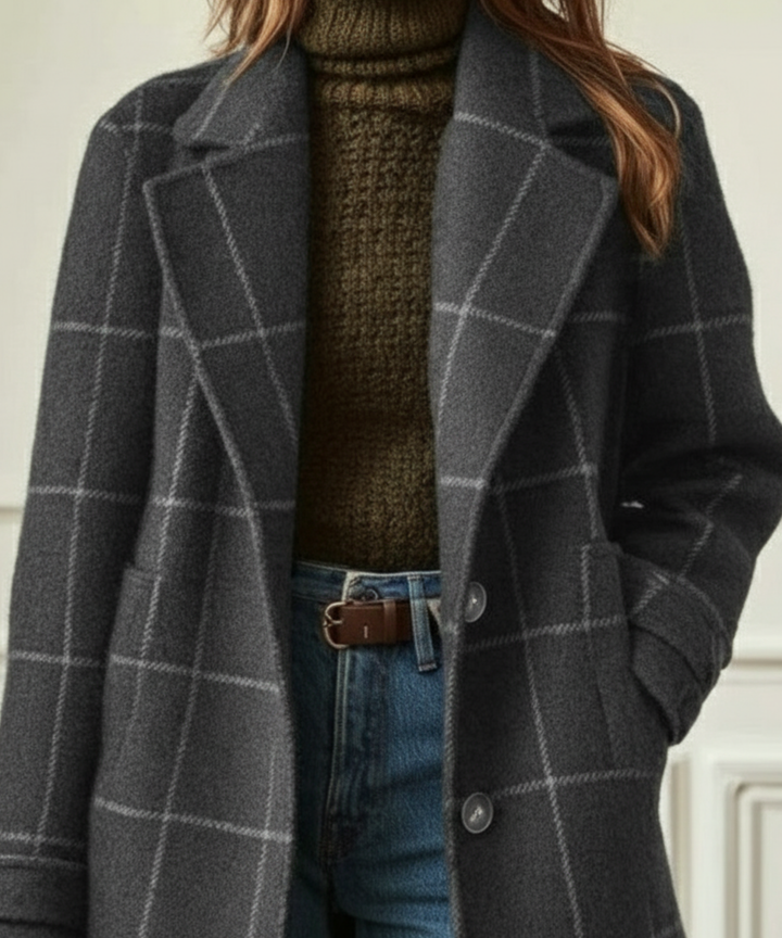 Stylish women's check lapel coat. Elegant long outerwear with a classic checkered pattern for fall & winter fashion.