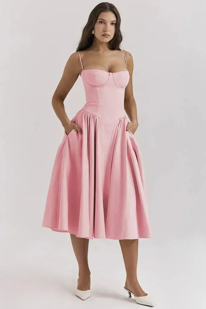 Beautiful women's A-line midi dress, elegant wedding guest attire with chic corset & sweetheart neckline.