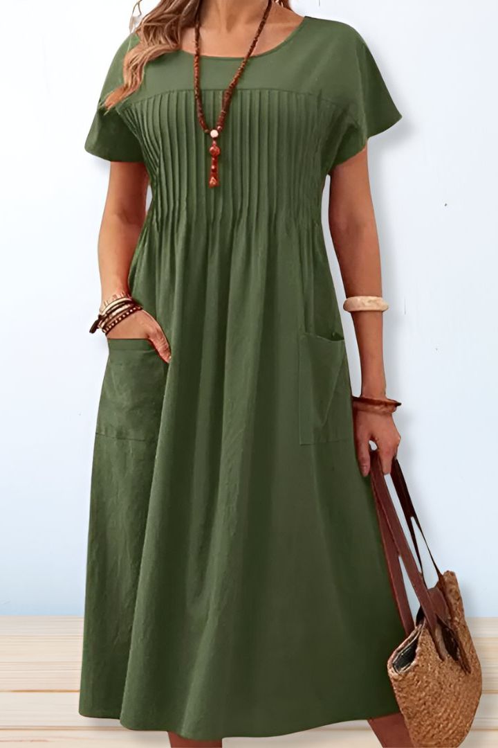 Elegant women's classic A-line midi dress, flattering and versatile for daily wear. Perfect for any occasion.