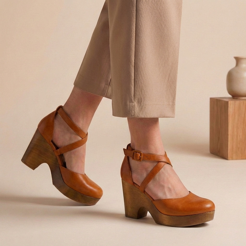 Stylish & comfortable women's block heel pumps, closed-toe with an ankle strap for elegant formal wear.