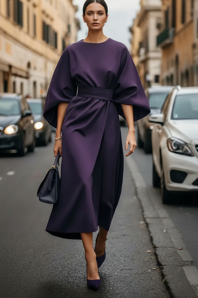 Chic elegant women's midi cocktail dress with flattering silhouette. Versatile formal evening wear.