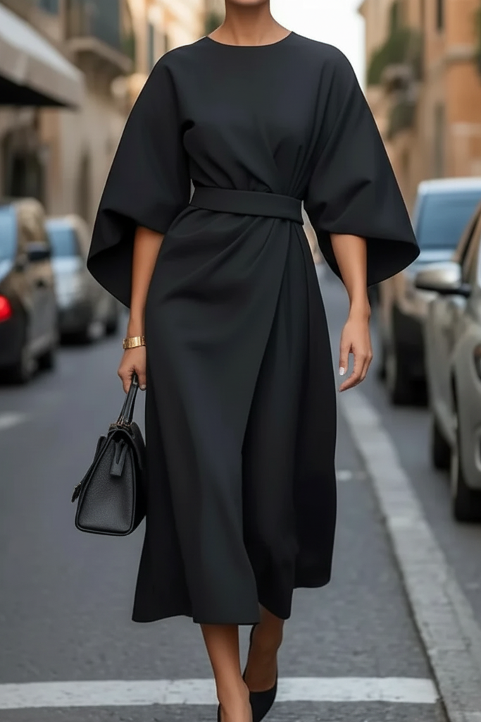 Women's elegant midi cocktail dress. Perfect versatile evening wear for parties and special occasions.
