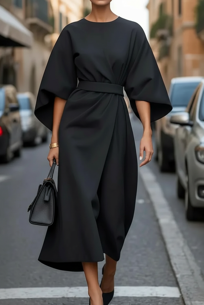 Women's elegant formal cocktail dress. Versatile midi evening wear, ideal for parties and special occasions.